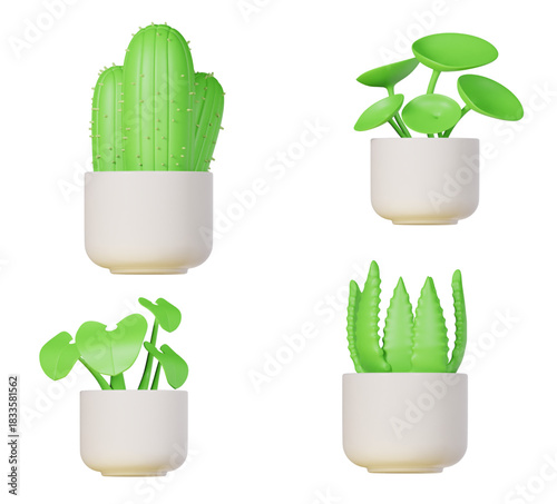 3D Potted Plant Icon Set – Minimalist Houseplant Collection