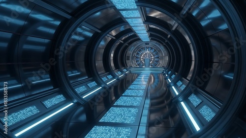 Fototapeta Naklejka Na Ścianę i Meble -  Corridor tunnel of space station ship, glowing futuristic panels of blue color, metal walls reflection of light. Podium stage long way.