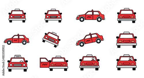 Taxi car icons set in red and black outline style