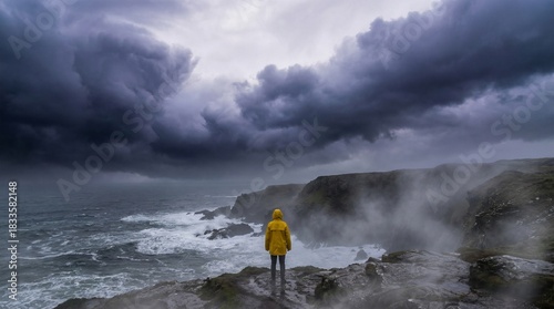 Person in Yellow Raincoat Watching Dramatic Storm on Coastline