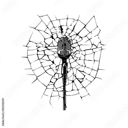 Vintage microphone shattered glass vector art broken sound recording equipment retro mic illustration design