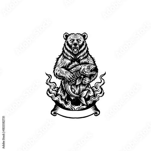 black and white illustration of a bear holding a fish