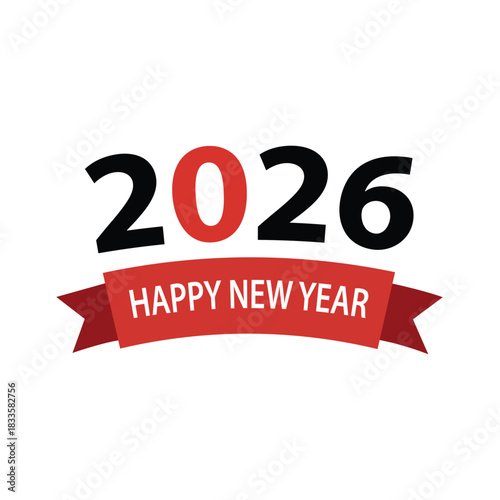 Happy New Year 2026 text overlay on a red ribbon graphic with the year in large numerals