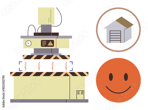Industrial machine with control panel, hazard symbols, vibration lines, circular garage icon, and smiling emotion. Ideal for manufacturing, safety, automation, industry storage technology