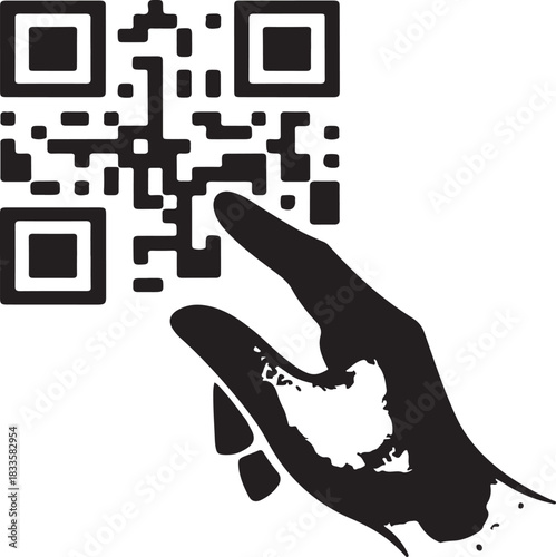 Hand pointing at a black and white qr code symbol