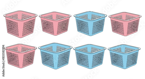 Colorful plastic laundry baskets arranged in a row