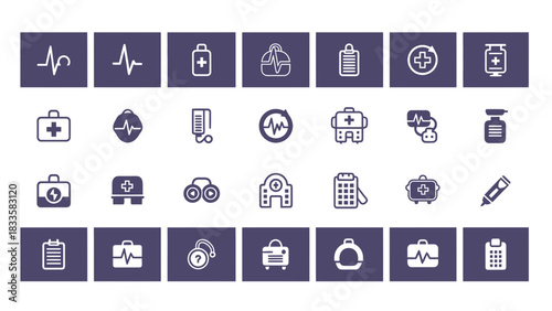 Healthcare Icon Set: A comprehensive collection of meticulously crafted icons, each representing essential aspects of healthcare, medicine, and wellness. Designed for versatility and clarity.