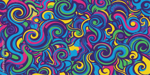 Colorful psychedelic vector seamless abstract pattern with vintage floral swirl wave shape illustration for fabric texture backdrop wallpaper design
