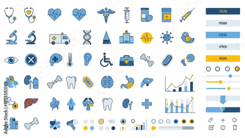 Essential Healthcare Icons: A comprehensive collection of meticulously designed icons representing a diverse range of medical and healthcare concepts, ready to enhance any project.