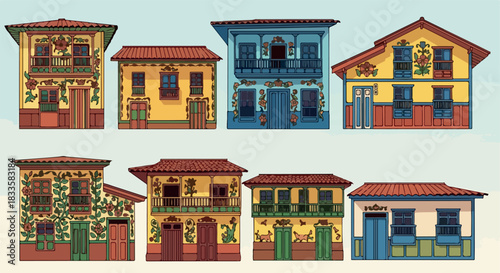 Colorful colonial houses with balconies and flowers