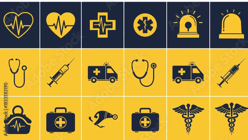 Medical Icon Set: A comprehensive collection of medical icons, representing vital elements of healthcare, designed with a clean and professional aesthetic.