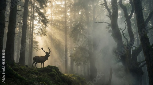 Majestic Stag Standing in Foggy Pine Forest with Sun Rays