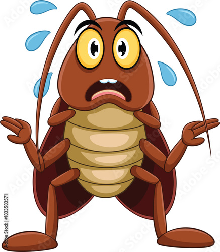 Scared Cockroach Cartoon Character Mascot Looking Terrified and Sweating with Big Eyes, Representing Pest Control, Phobia, Fear, and Insect Problems Concept