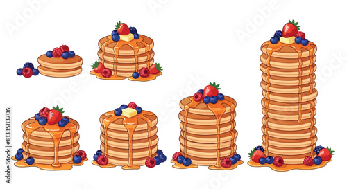 Stacked pancakes with berries and syrup