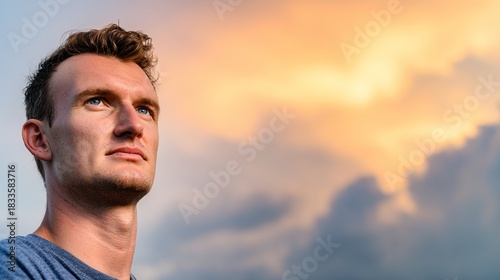 willpower. A determined individual gazing toward the horizon, bathed in golden hour light with a serene backdrop. wellbeing guides.