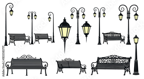 Park benches and street lamps in black and white