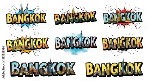 Bangkok city skyline comic style with dynamic bursts