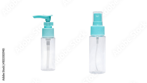 Vector illustration of clear plastic travel pump and spray bottles on transparent background