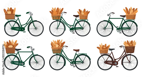 Bicycles with bread in baskets, vintage style