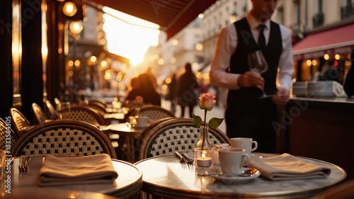 Parisian Cafe Scene Tables Chairs and People in the City.