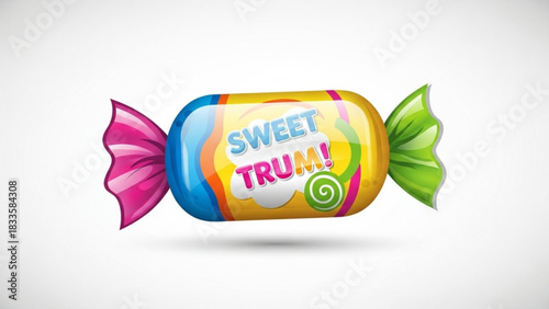 A vibrant and colorful wrapped candy with the words sweet trum displayed prominently on its wrapper isolated on a clean white background