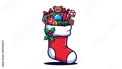 A festive red christmas stocking overflowing with holiday gifts and treats including a teddy bear candy canes ornaments and a toy train adorned with holly