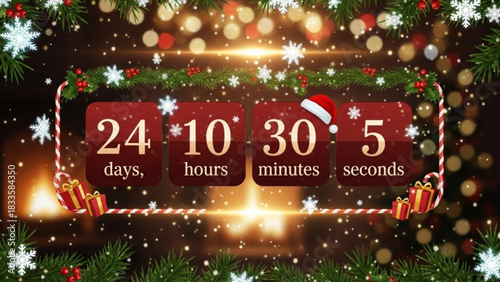 Christmas countdown timer displaying 24 days 10 hours 30 minutes and 5 seconds with festive decorations and snowflakes