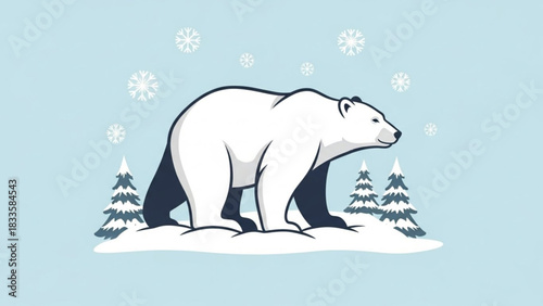 A friendly cartoon polar bear stands in a snowy landscape with pine trees and falling snowflakes against a light blue background