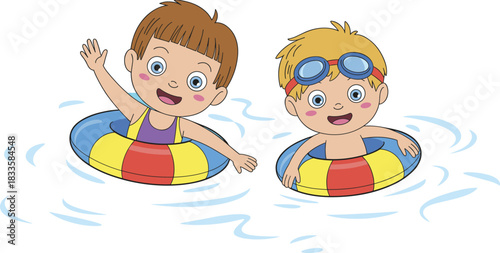 Happy Little Kids Cartoon Swimming in Water with Inflatable Tube Floats, Enjoying Summer Vacation, Water Activities, and Cheerful Holiday Fun Concept