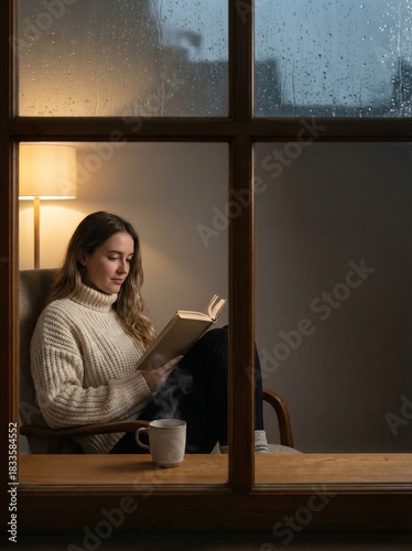 Cozy Woman Reading Book by Rainy Window with Tea