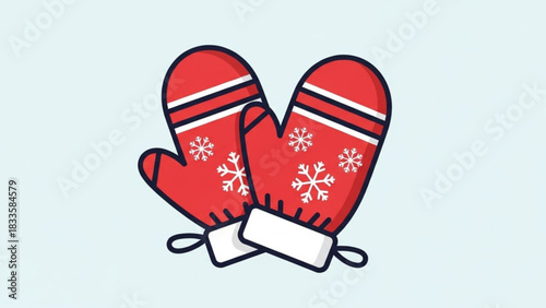 Cozy red winter mittens adorned with white snowflakes and striped cuffs perfect for cold weather and holiday themes isolated on a light blue background