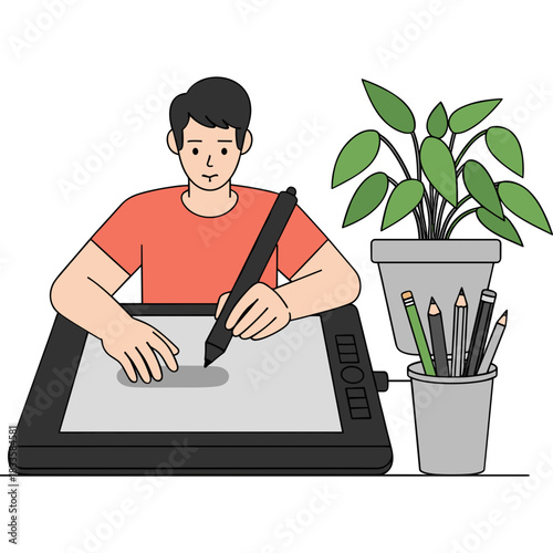 Young man in an orange t-shirt focused on using a digital drawing tablet with a stylus surrounded by art supplies and a potted plant on a clear background