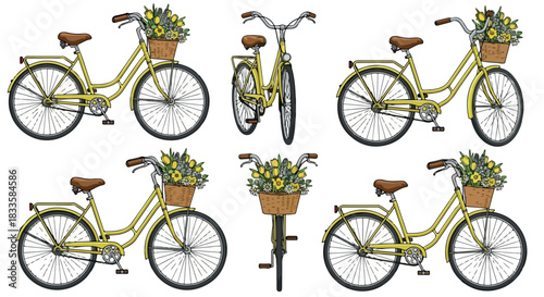 Yellow bicycles with flowers in baskets, multiple views