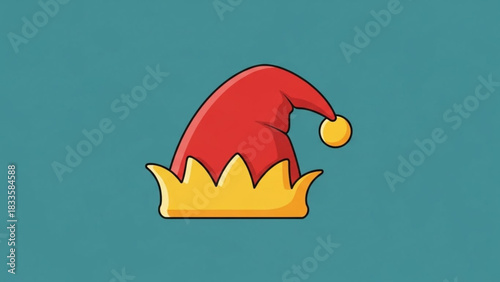A whimsical red and yellow jester or elf hat with a golden ball on top set against a solid teal background perfect for festive or playful designs