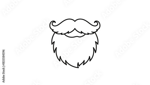 Stylized black and white line art illustration of a classic curly mustache and a full beard on a white background