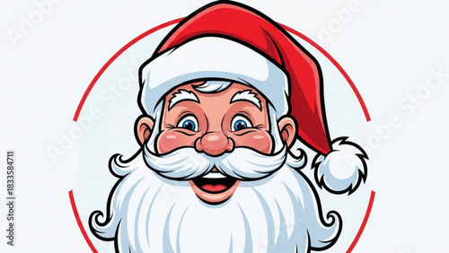 A cheerful cartoon illustration of santa claus s face with a big white beard and red hat framed by a red circle perfect for holiday greetings and designs