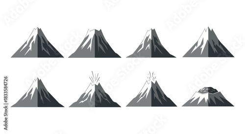 Mountain peaks set with volcanic eruption stages