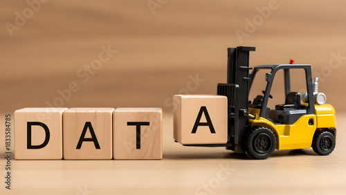 Forklift delivering data solutions with wooden blocks, visualizing information technology, representing modern analytics and business intelligence, innovative strategies