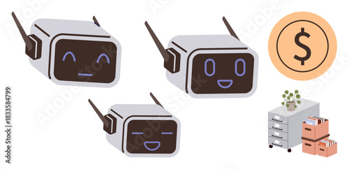 Robotic faces displaying emotions, dollar coin symbol, and office file cabinet with plants. Ideal for technology, finance, artificial intelligence, robotics, innovation, productivity organization