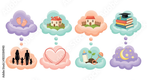 Life milestones concept with cloud thought bubbles