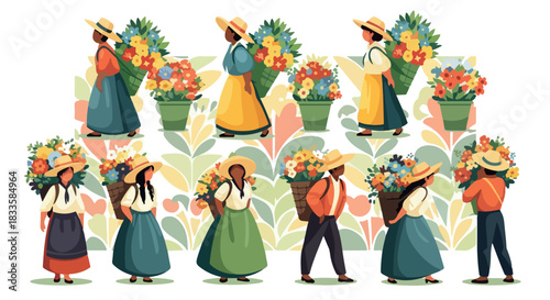 Flower sellers in traditional dress with baskets