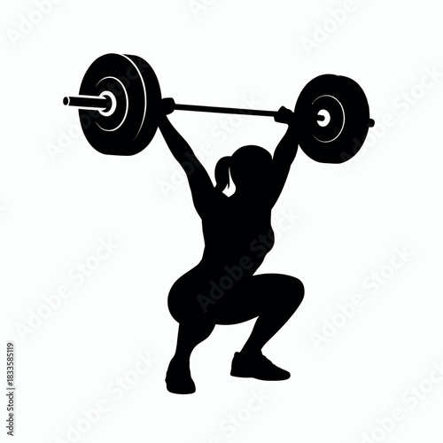 Strong woman silhouette lifting heavy barbell overhead workout
