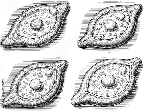 Vintage engraved Georgian khachapuri cheese boat icon set featuring baked bread vessel, egg center and classic culinary style