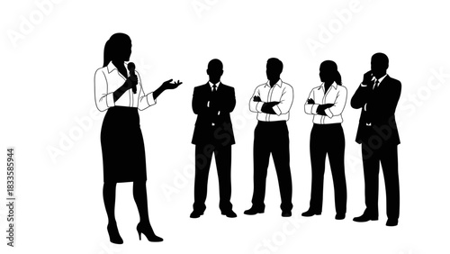 Dynamic businesswoman presenting to attentive executive team, inspiring leadership and driving success in a competitive corporate environment