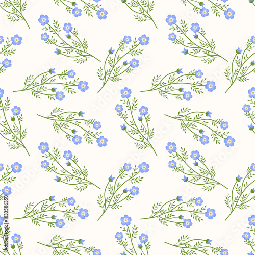 Soft blue wildflower pattern with delicate leaves, perfect for spring designs, fabric, stationery, packaging, and elegant botanical themes.
