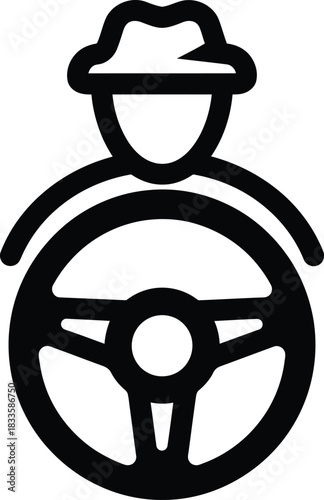 Minimalist black line icon of a driver wearing a fedora hat holding a steering wheel.