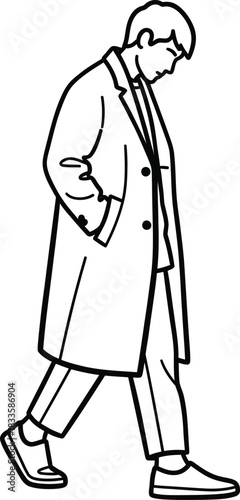 Simple black and white line art of a man walking in a long coat with his head down.