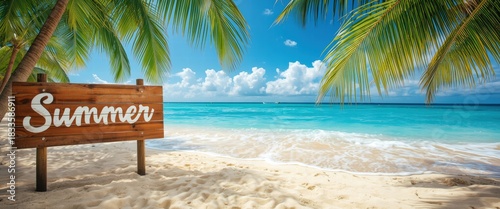 Fototapeta Naklejka Na Ścianę i Meble -  Breathe in the ocean breeze and feel the warm sand. This tropical beach scene evokes summer bliss, perfect for travel promotions and vacation vibes.