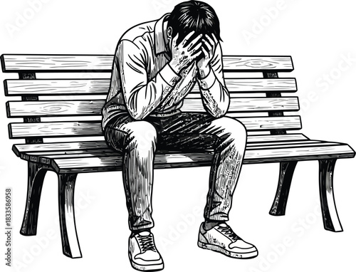 Sketch of a despondent young man sitting on a park bench head buried in his hands in despair.