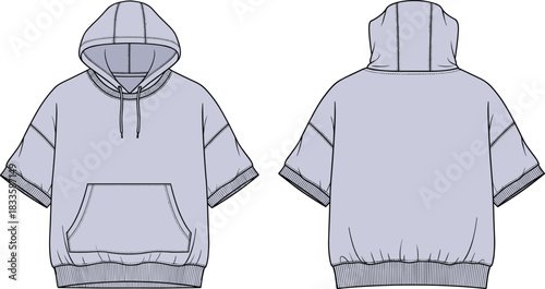 Oversized short sleeve hoodie technical fashion illustration flat sketch vector template showing front and back views for apparel design mockup